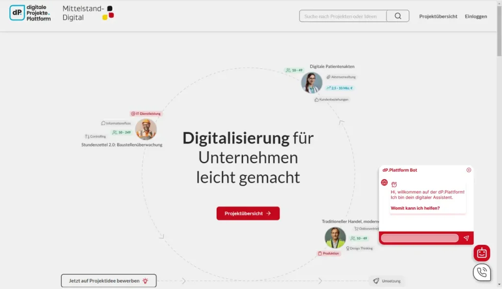 Wie bei den meisten Chatbots und -assistenten können Nutzende den Bot am rechten unteren Bildschirmrand aufrufen, und mit ihm interagieren - in diesem Fall: Die passenden Digitalisierungsprojekte finden.